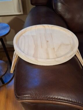 Arm Chair Tray, Round Wooden with Folding Legs - Natural Wood